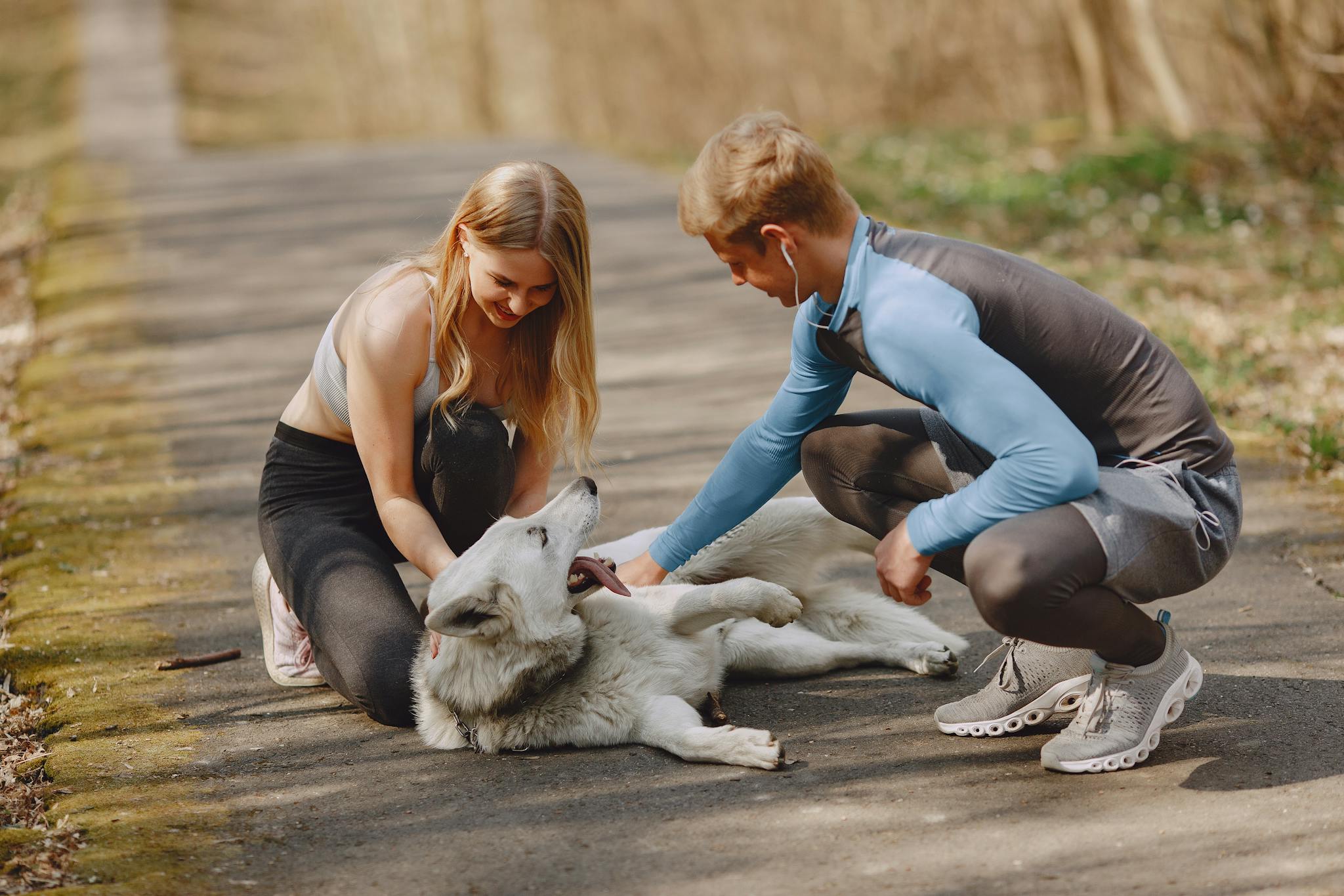 Sportspeople sitting on pathway in forest with White Shepherd dog on leash while spending time together outdoors during active leisure